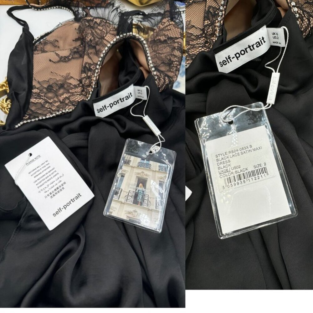 🆕 SELF PORTRAIT 🧿 NWT Black Lace Satin Maxi Dress, Sz US 2 / UK 6 - Picture 15 of 16
